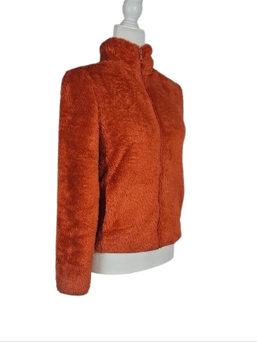 Warm Fuzzy Fleece Rust Terracotta Orange Zip Sweater Jacket Fall Autumn Cozy, XS - Picture 5 of 8